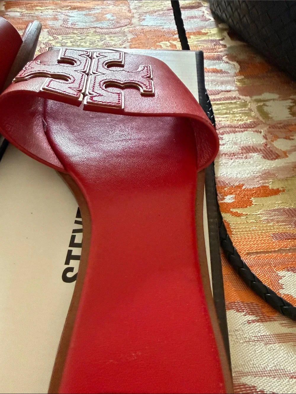 Tory Burch Red/Gold Double T leather slides